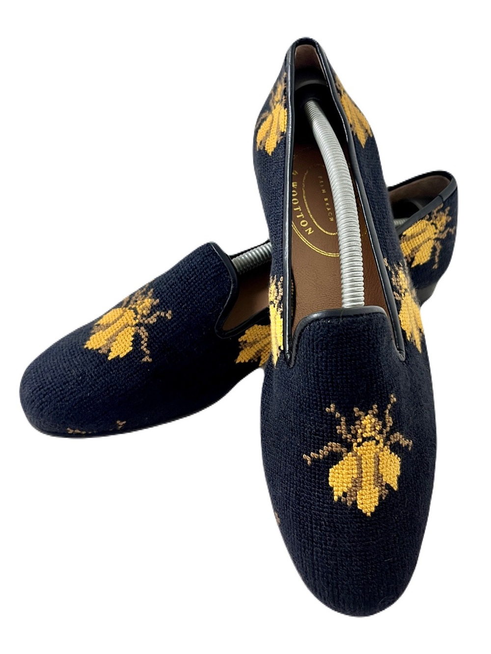NWOB Stubbs & Wootton Black and Yellow Bee Needlepoint Slipper Flats, Size 9.5